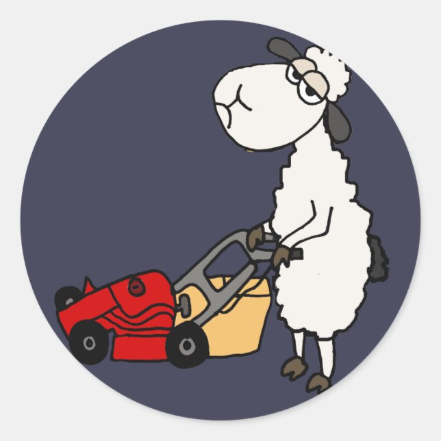 Funny Sheep Mowing Grass Cartoon Classic Round Sticker (Front)