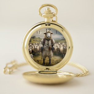 Funny Sheep Shepard With His Flock Of Sheep, Pocket Watch