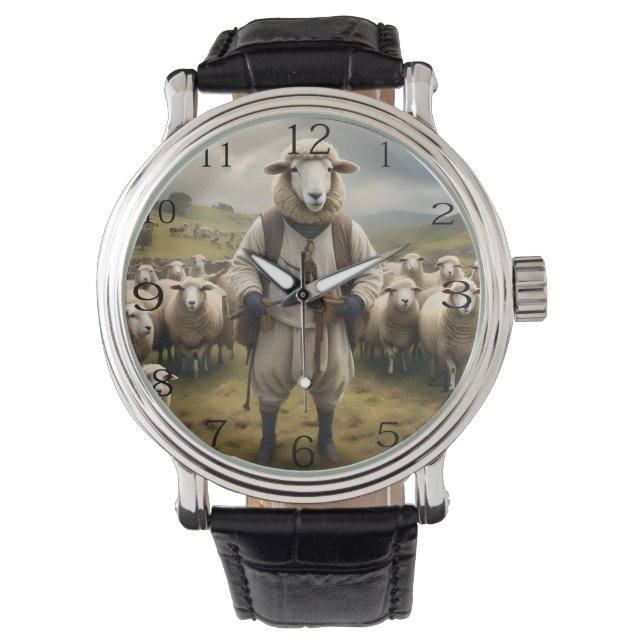Funny Sheep Shepard With His Flock Of Sheep, Watch (Front)