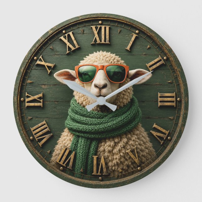Funny Sheep with Sunglasses Farmhouse Rustic Count Large Clock (Front)