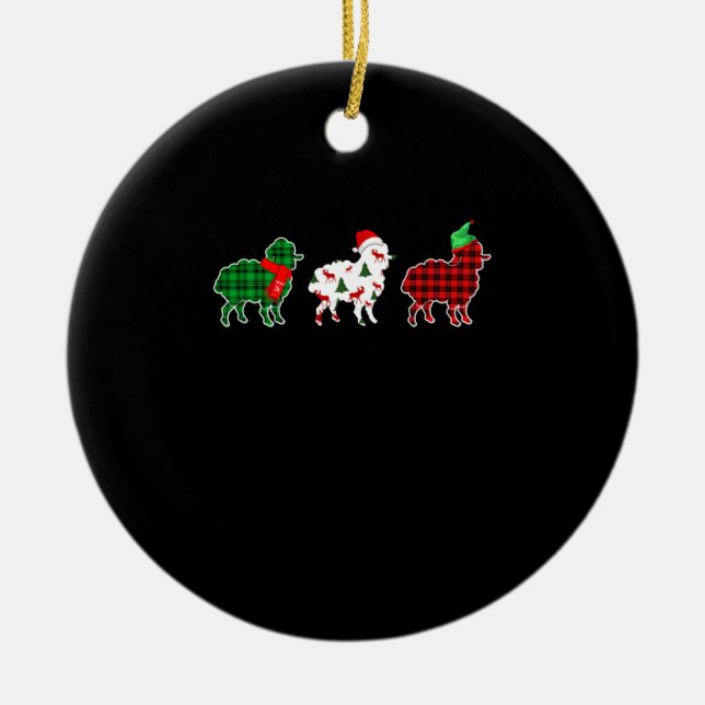 Funny Sheep Xmas Tree Lights | Red Plaid Gift Ceramic Ornament (Front)