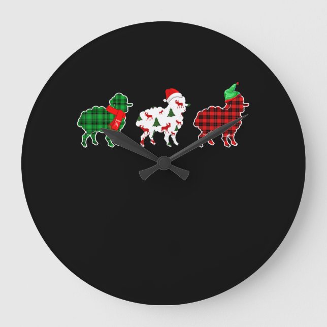 Funny Sheep Xmas Tree Lights | Red Plaid Gift Large Clock (Front)