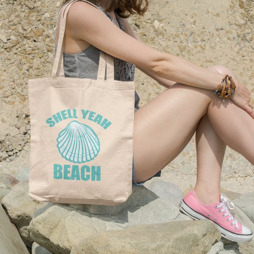 Funny Shell Yeah Beach Pun Cute Teal Tote Bag
