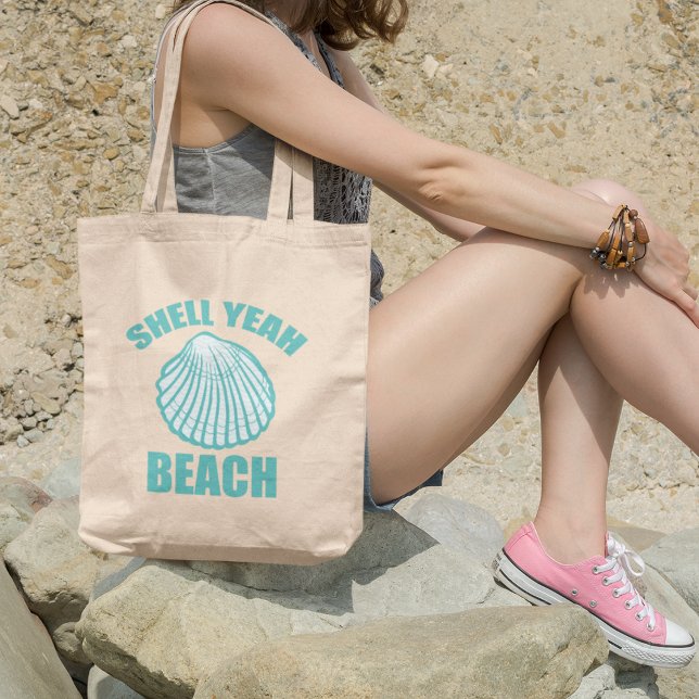 Funny Shell Yeah Beach Pun Cute Teal Tote Bag (Creator Uploaded)