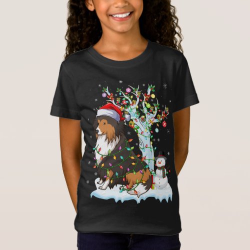 Funny Sheltie Dog Xmas Lighting Santa Hat Sheltie  T_Shirt