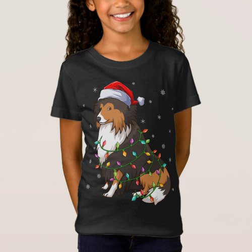 Funny Sheltie Dog Xmas Lighting Santa Hat Sheltie  T_Shirt