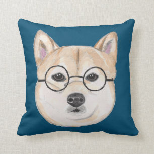 Funny Shiba Inu Dog with Oversized Framed Glasses Throw Pillow