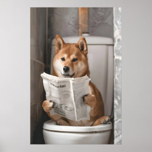 Funny Shiba Inu on Toilet Print, Bathroom Humor Poster