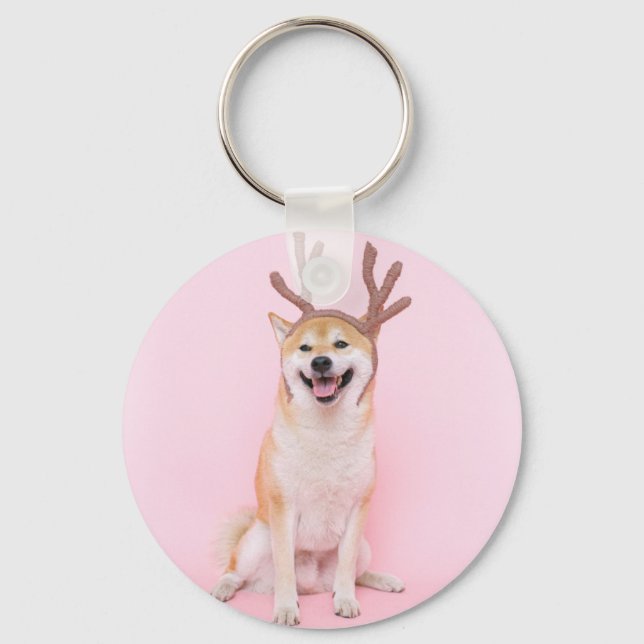 funny shiba inu wearing christmas deer costume keychain (Front)