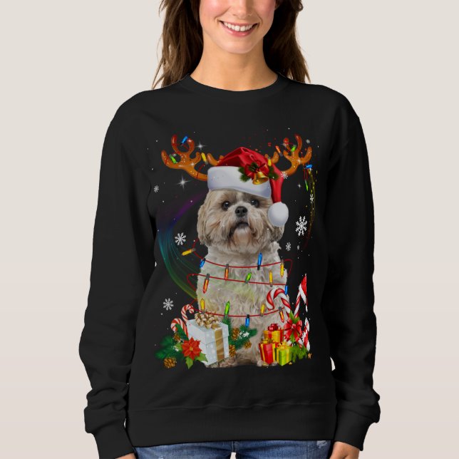 Funny Shih Tzu Christmas Reindeer Christmas Lights Sweatshirt (Front)