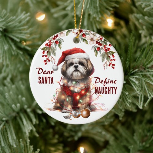 Funny Shih Tzu Define Naughty Christmas Ceramic Ornament