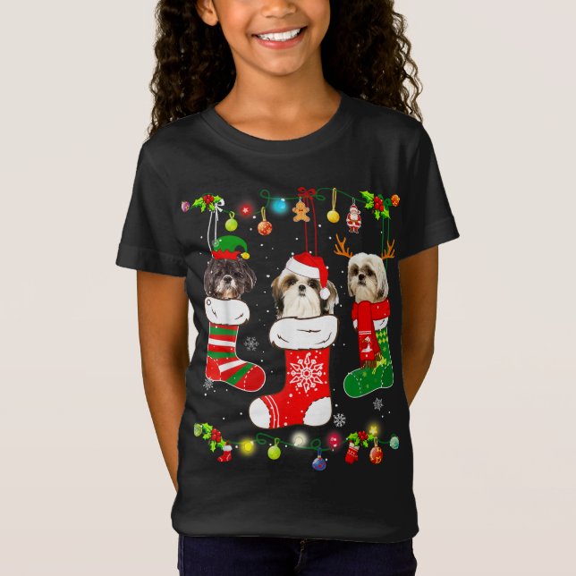 Funny Shih Tzu Dog Christmas Lights Puppy Dog Love T-Shirt (Front)