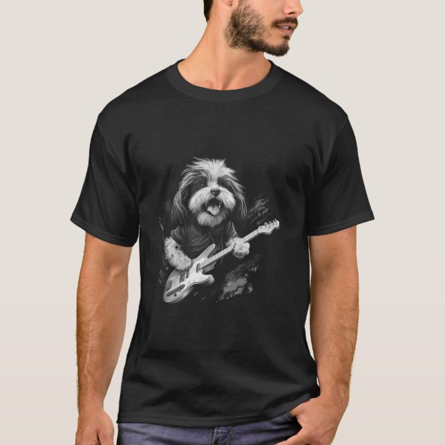 Funny Shih Tzu Dog Playing Guitar Rock Long Sleeve T-Shirt (Front)