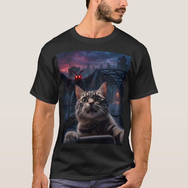 Funny Shocked Cat Selfie & Mothman Cryptid T-Shirt (Front)