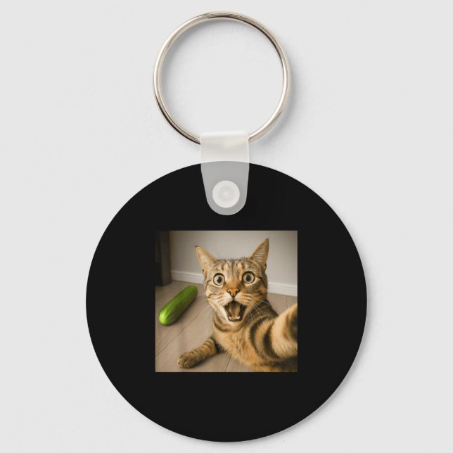 Funny Shocked Cat Selfie With Cucumber Meme Design Keychain (Front)