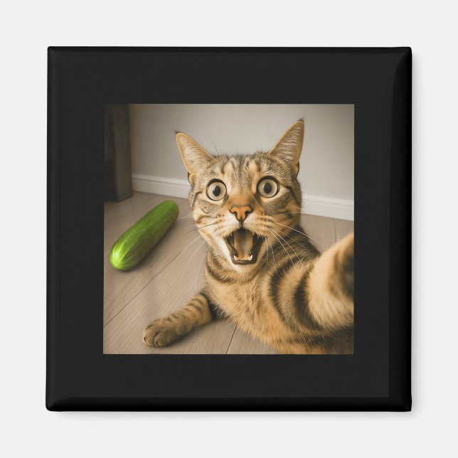 Funny Shocked Cat Selfie With Cucumber Meme Design Magnet (Front)
