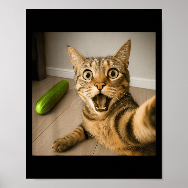 Funny Shocked Cat Selfie With Cucumber Meme Design Poster (Front)