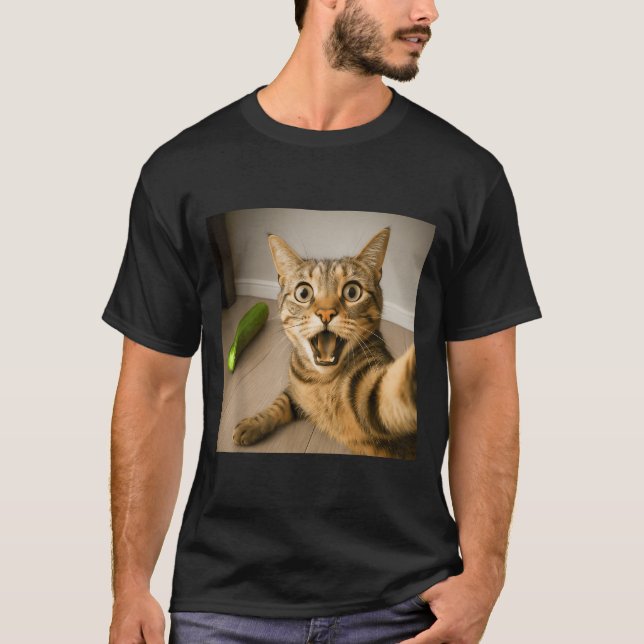 Funny Shocked Cat Selfie With Cucumber Meme Design T-Shirt (Front)