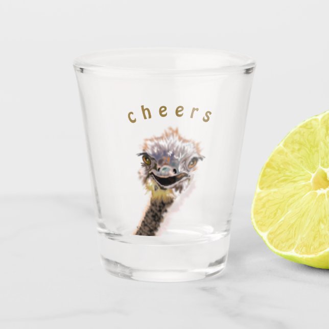 Funny Shot Glass Happy Ostrich Cheers - Your Text (Front)