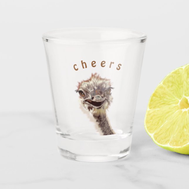 Funny Shot Glass with Happy Ostrich - Custom Text (Front)