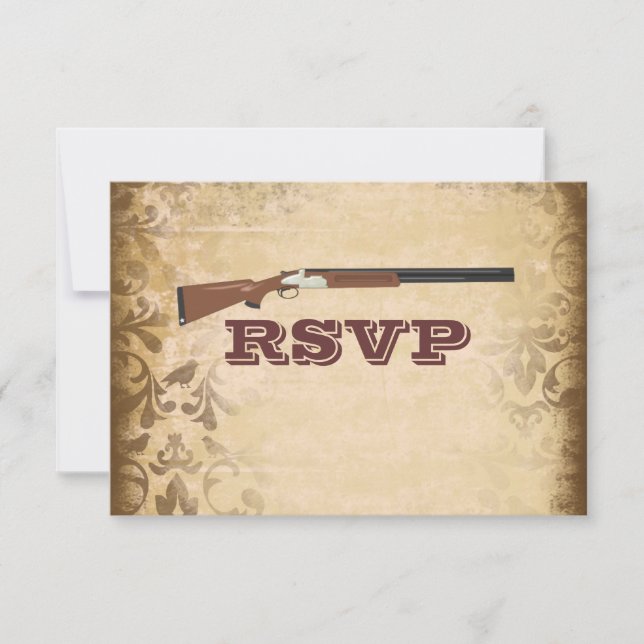 Funny Shotgun Wedding Brown Damask RSVP Cards (Front)