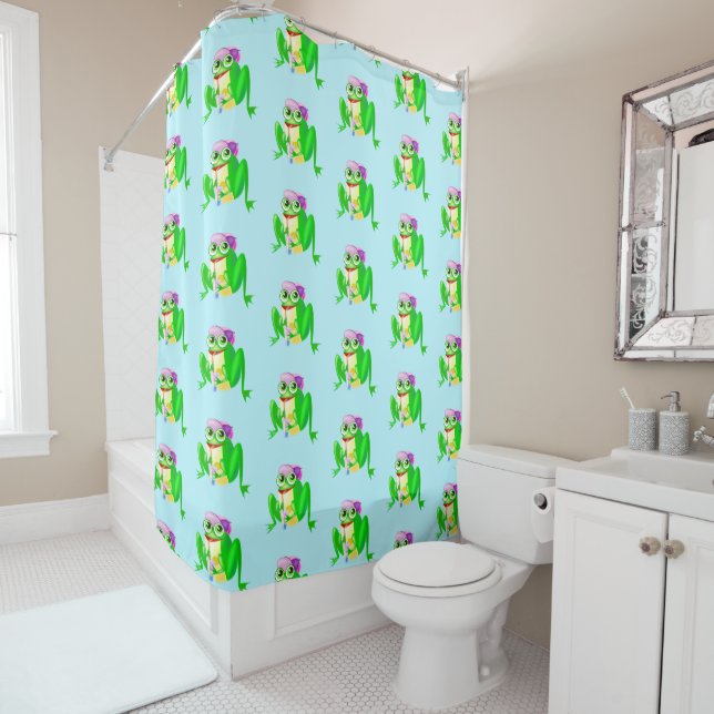 Funny Shower Curtain with Party Frog Choose Colors (In Situ)