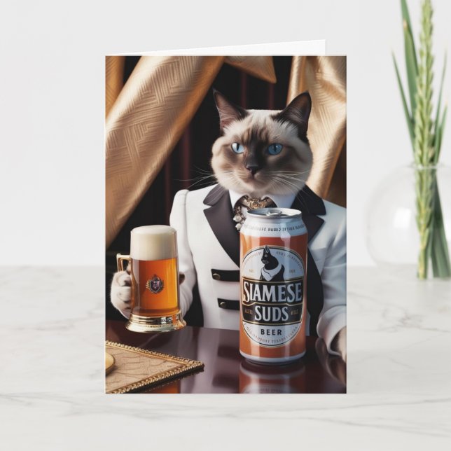 Funny Siamese Cat Beer Drinker Card (Front)