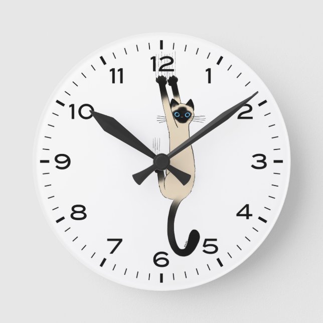 Funny Siamese Cat Hanging On Round Clock (Front)