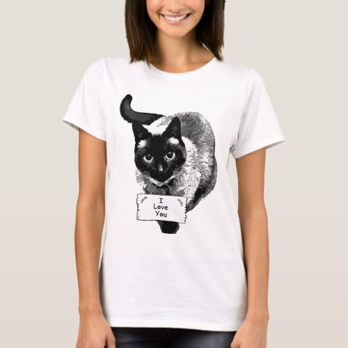 Funny Siamese Cat Holding I Love You Sign T_Shirt