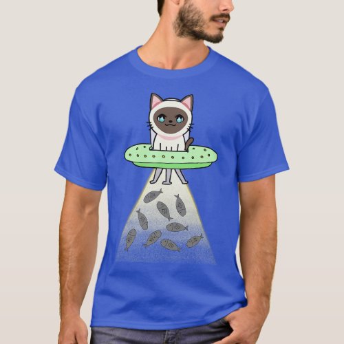 Funny siamese Cat is flying a spaceship T_Shirt