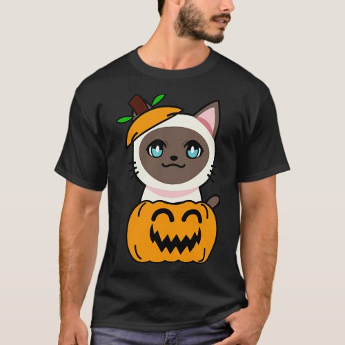 Funny Siamese cat is in a pumpkin T_Shirt