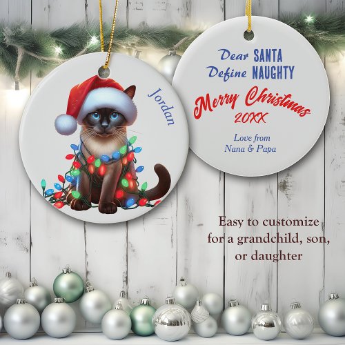 Funny Siamese Cat Wrapped in Lights Christmas Ceramic Ornament