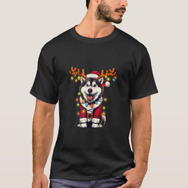 Funny Siberian Husky Christmas Tree Lights Santa D T-Shirt (Front)