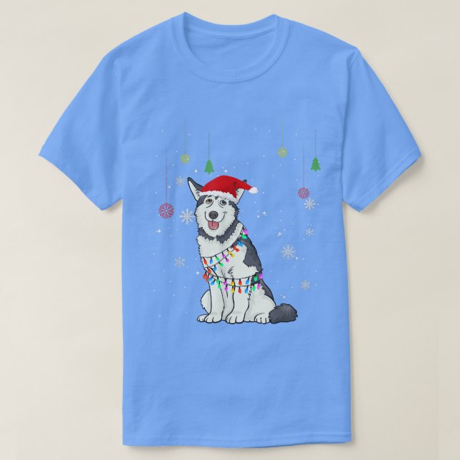 Funny Siberian Husky Dog Santa Hat Christmas Light T-Shirt (Design Front)