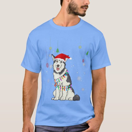 Funny Siberian Husky Dog Santa Hat Christmas Light T_Shirt