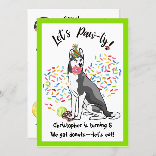 Funny Siberian Husky Donuts Birthday Party Invitation