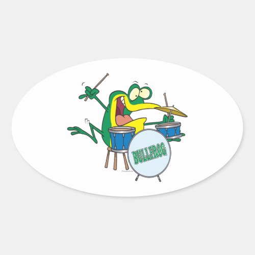 funny silly cartoon frog drummer cartoon oval sticker