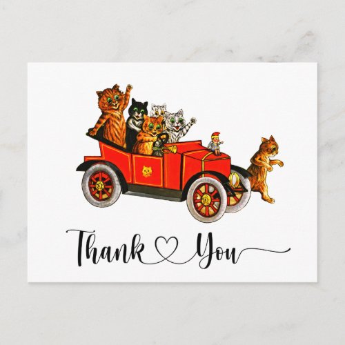 Funny Silly Cats Retro Car Thank You Script Heart Postcard