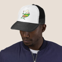 Funny green frog mowing lawn cartoon trucker hat