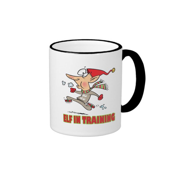 funny silly santa elf in training jogging cartoon coffee mugs