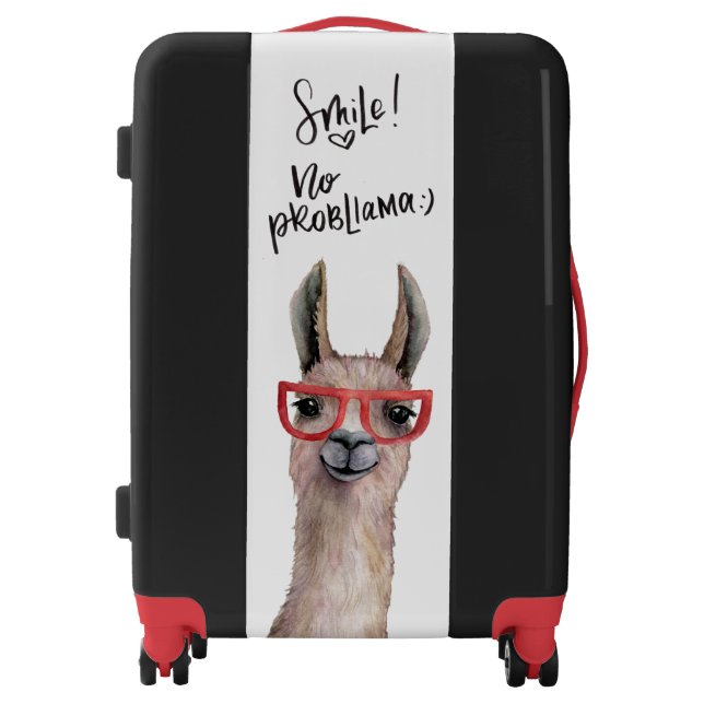 Funny Silly Watercolor Llama Black Luggage (Front)