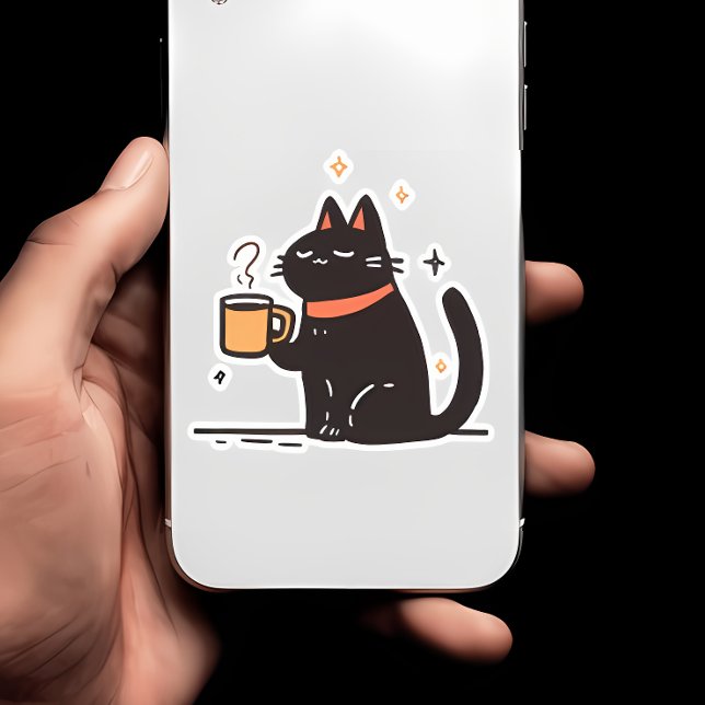Funny Simple Black Cat with Coffee Cup Sticker (Creator Uploaded)