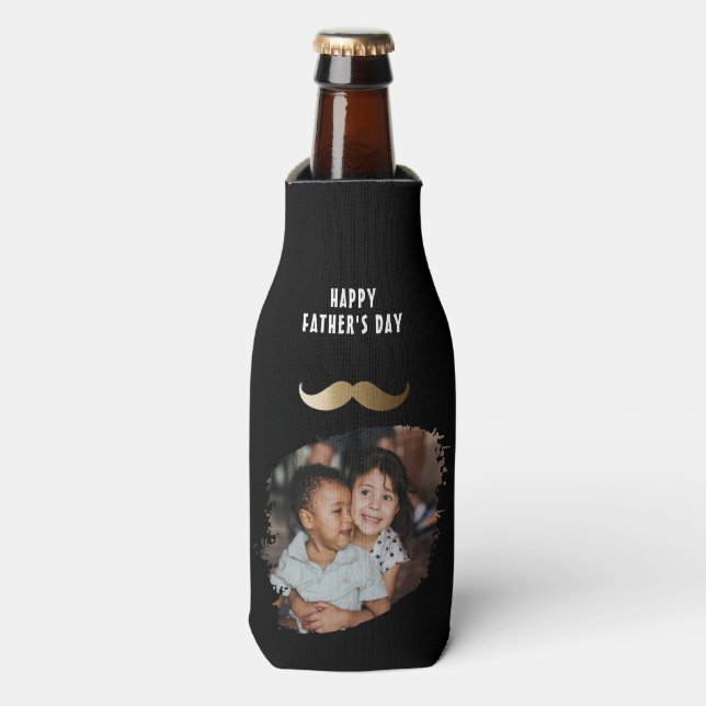 Funny Simple Mustache Happy Father's Day Photo Bottle Cooler (Bottle Front)