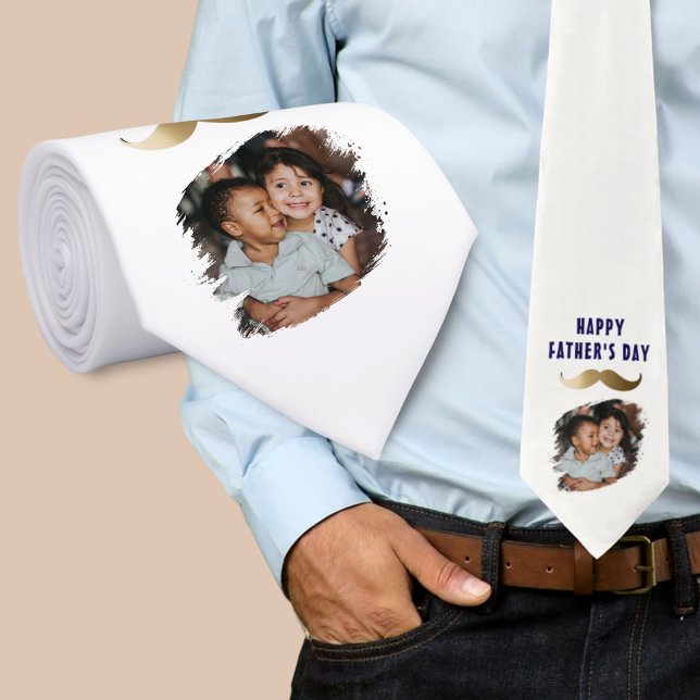 Funny Simple Mustache Happy Father's Day Photo Neck Tie (Creator Uploaded)