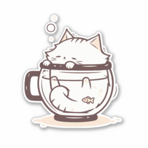 Funny Simple White Cat in a Cup Sticker