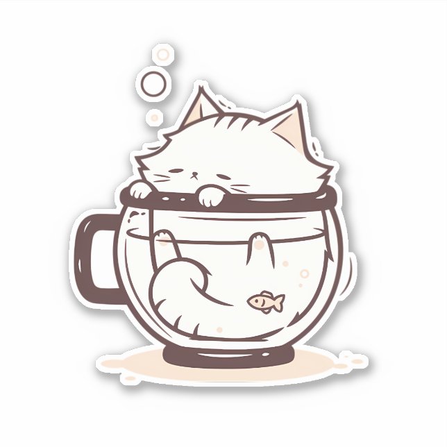Funny Simple White Cat in a Cup Sticker (Front)