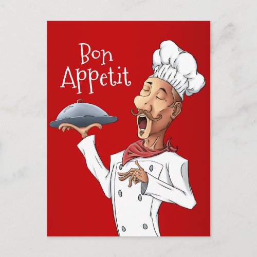 Funny Singing Chef on Red Postcard