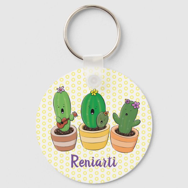 Funny singing green cactus cartoon illustration keychain (Front)