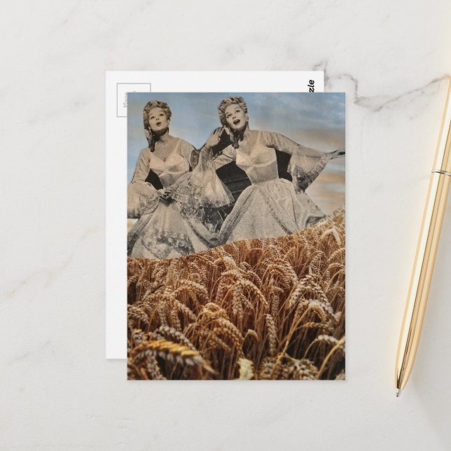 Funny Singing Women in a Wheat Field Collage Postcard (Front/Back In Situ)