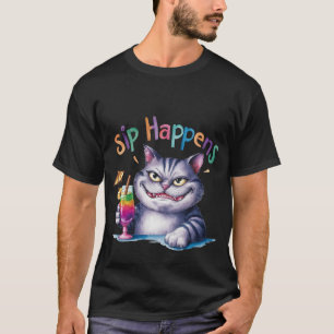Funny "Sip Happens"Watercolor Cat Cocktail🍹🐈 T-Shirt